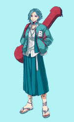 Rule 34 | 1girl, anklet, blue background, blue jacket, braid, creatures (company), ear piercing, earrings, eyeshadow, full body, game freak, gen 3 pokemon, hands in pockets, highres, hoop earrings, instrument case, jacket, jewelry, leg tattoo, lip piercing, long skirt, looking at viewer, makeup, mole, mole under mouth, nail polish, necklace, nintendo, personification, piercing, pink nails, pokemon, salamence, sandals, shirt, short hair, simple background, skirt, solo, tattoo, toenail polish, toenails, wbr910, white shirt