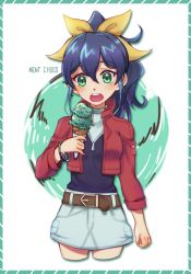 Rule 34 | 1girl, belt, belt buckle, blue hair, blush, bow, bracelet, brown belt, buckle, byoru, cowboy shot, cropped legs, food, green eyes, hair between eyes, hair bow, high ponytail, holding, holding food, ice cream, jacket, jewelry, long hair, long sleeves, miniskirt, multicolored hair, open clothes, open jacket, open mouth, red jacket, serena (yu-gi-oh!), sidelocks, skirt, solo, streaked hair, striped border, white background, white skirt, yellow bow, yu-gi-oh!, yu-gi-oh! arc-v