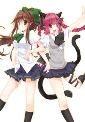 Rule 34 | 2girls, alternate costume, animal ears, blush, bow, braid, brown eyes, brown hair, cat ears, cat girl, cat tail, female focus, hair bow, highres, jewelry, kaenbyou rin, long hair, mao (alepricos), miniskirt, multiple girls, multiple tails, open mouth, pendant, pointy ears, ponytail, red eyes, red hair, reiuji utsuho, short sleeves, skirt, smile, tail, touhou, twin braids