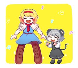 Rule 34 | 2girls, alice margatroid, animal ears, black footwear, blonde hair, blue dress, blush stickers, boots, brown footwear, capelet, clenched hand, closed eyes, commentary request, cookie (touhou), dress, full body, grey hair, grey skirt, grey vest, hairband, highres, hita (hizokuseikogeki), ichigo (cookie), long sleeves, mouse ears, mouse girl, mouse tail, multiple girls, musical note, nazrin, necktie, nyon (cookie), open mouth, puffy short sleeves, puffy sleeves, red hairband, red necktie, shirt, shoes, short hair, short sleeves, skirt, smile, socks, tail, thigh boots, thighhighs, touhou, vest, white capelet, white legwear, white shirt