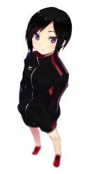 Rule 34 | 1girl, bad id, bad pixiv id, black hair, blurry, blush, depth of field, gomashi (goma), hands in pockets, jersey, looking at viewer, original, purple eyes, shirt, shorts, solo