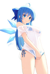 Rule 34 | 1girl, aged up, ahoge, bikini, blue bikini, blue bow, blue eyes, blue hair, bow, breasts, cirno, hair bow, highres, ice, ice wings, langbazi, large breasts, long hair, looking at viewer, off shoulder, see-through, shirt, side-tie bikini bottom, smile, solo, swimsuit, touhou, wet, wet clothes, wet shirt, white background, wings