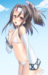 Rule 34 | 10s, 1girl, :d, bare shoulders, bikini, brown hair, covered erect nipples, day, detached sleeves, flat chest, from side, gradient background, hair ribbon, headband, high ponytail, kantai collection, keita (tundereyuina), long hair, long sleeves, looking at viewer, micro bikini, open mouth, ponytail, ribbon, sky, smile, solo, stomach, swimsuit, white bikini, zuihou (kancolle)