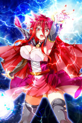 Rule 34 | 1girl, armpits, blush, boots, breasts, cape, cleavage, commentary request, detached sleeves, hair between eyes, highres, large breasts, lightning, long hair, looking at viewer, nail polish, original, outstretched arm, porurin, red cape, red eyes, red hair, red nails, red skirt, showgirl skirt, sidelocks, skirt, solo, thigh boots, thighhighs, v-shaped eyebrows, zettai ryouiki