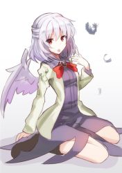 Rule 34 | 1girl, boots, bow, bowtie, brown footwear, dress, falken (yutozin), feathers, full body, hair between eyes, jacket, kishin sagume, long sleeves, looking at viewer, open clothes, open jacket, orange eyes, purple dress, red bow, red bowtie, simple background, single wing, sitting, solo, tongue, tongue out, touhou, white background, white hair, white jacket, white wings, wings