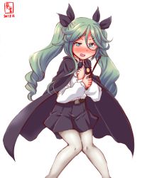 Rule 34 | 10s, 1girl, 2017, anchovy (cosplay), anchovy (girls und panzer), anzio school uniform, black cape, black necktie, black ribbon, black skirt, blouse, cape, cosplay, dated, drill hair, embarrassed, girls und panzer, green eyes, green hair, hair ribbon, highres, kanon (kurogane knights), kantai collection, knees together feet apart, logo, long hair, look-alike, looking at viewer, necktie, pantyhose, pleated skirt, ponytail, ribbon, riding crop, school uniform, shirt, simple background, skirt, solo, twin drills, twintails, white background, white pantyhose, white shirt, yamakaze (kancolle)