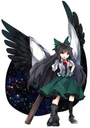 Rule 34 | &gt;:d, 1girl, :d, arm cannon, asymmetrical wings, bird wings, black hair, black wings, bow, full body, green bow, green skirt, hair bow, hand on own hip, highres, long hair, long skirt, looking at viewer, mikomo0106, open mouth, red eyes, reiuji utsuho, skirt, smile, solo, standing, star (sky), touhou, transparent background, v-shaped eyebrows, weapon, wings