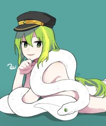 Rule 34 | 000 0200, 1girl, alina gray, arm support, armpit crease, black hat, blonde hair, clenched hand, colored sclera, covering privates, facing viewer, green background, green eyes, green hair, green sclera, hair between eyes, hand to own mouth, hand up, hat, hip bones, long hair, lying, magia record: mahou shoujo madoka magica gaiden, mahou shoujo madoka magica, multicolored hair, nude, nude cover, on floor, on stomach, pale skin, parted lips, peaked cap, shade, sideways glance, simple background, slit pupils, smirk, snake, solo, streaked hair, tsurime, very long hair, white snake