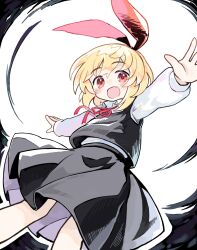 Rule 34 | 1girl, black skirt, black vest, blonde hair, blush, collared shirt, darkness, highres, kibisake, long sleeves, open mouth, outstretched arms, red eyes, red ribbon, ribbon, rumia, shirt, short hair, skirt, smile, solo, spread arms, touhou, vest, white shirt