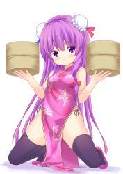 Rule 34 | 1girl, alternate costume, bamboo steamer, bare shoulders, black thighhighs, blush, bun cover, china dress, chinese clothes, double bun, dress, eyebrows, hair bun, hakuto (28syuku), kneeling, long hair, parted lips, patchouli knowledge, purple eyes, purple hair, sleeveless, solo, thighhighs, touhou, very long hair