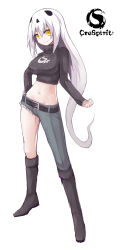 Rule 34 | 1girl, asymmetrical clothes, bad id, bad pixiv id, boots, breasts, denim, highres, jeans, long hair, looking at viewer, midriff, navel, pants, ribbed sweater, simple background, single pantsleg, skull, smile, solo, sweater, torn clothes, torn jeans, torn pants, turtleneck, very long hair, waero, white background, white hair, yellow eyes