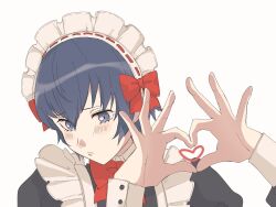 Rule 34 | 1girl, blue eyes, blue hair, blush, bow, bowtie, embarrassed, heart, heart hands, highres, maid, maid headdress, persona, persona 4, red bow, red bowtie, reverse trap, shirogane naoto, simple background, solo, tomboy, upper body, usa (kawaii 152cm), white background