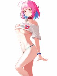 Rule 34 | 1girl, absurdres, ahoge, blue hair, blush, breasts, clothes lift, collar, collarbone, commentary request, earrings, hair intakes, heart on chest, highres, idolmaster, idolmaster cinderella girls, jewelry, kano (wi3028), large breasts, looking at viewer, multicolored hair, navel, open mouth, pill earrings, pink eyes, pink hair, shirt, shirt lift, short hair, short sleeves, simple background, smile, solo, t-shirt, two-tone hair, underboob, white background, white shirt, yumemi riamu