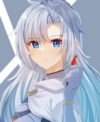 Rule 34 | 1girl, :|, a (xenoblade), blue eyes, close-up, closed mouth, collared cape, earrings, edamameoka, expressionless, female focus, hair between eyes, hair intakes, highres, jewelry, long hair, looking at viewer, messy hair, portrait, short hair, simple background, single earring, solo, upper body, xenoblade chronicles (series), xenoblade chronicles 3, xenoblade chronicles 3: future redeemed