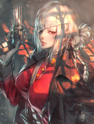 Rule 34 | 1girl, arm up, bandage over one eye, bandages, between breasts, black coat, braid, breasts, chromatic aberration, closed mouth, coat, commentary, expressionless, fate/grand order, fate (series), florence nightingale (fate), gloves, gun, hair tie, hair up, handgun, high collar, highres, holding, holding gun, holding weapon, jacket, jacket on shoulders, kaburagi yasutaka, large breasts, long hair, long sleeves, looking to the side, military, military uniform, pink lips, red eyes, revolver, shadow, sidelocks, silver hair, single braid, strap, strap between breasts, uniform, upper body, weapon, white gloves