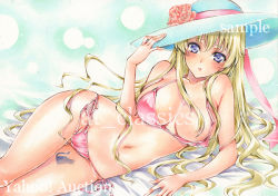 Rule 34 | 1girl, arm support, arm up, artist name, at classics, bare arms, bare shoulders, bed sheet, bikini, blonde hair, blue hat, blush, breasts, code geass, cowboy shot, flower, gluteal fold, hair censor, hair over breasts, hair over one breast, hand on headwear, hat, large breasts, leila malcal, long hair, looking at viewer, lying, navel, on side, parted lips, pink bikini, purple eyes, rose, sample watermark, side-tie bikini bottom, sidelocks, solo, sun hat, swimsuit, thigh gap, traditional media, wardrobe malfunction, watermark