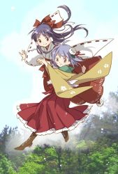 Rule 34 | 2girls, boots, bow, day, floating, floral print, flower, frilled skirt, frills, hair bow, hair flower, hair ornament, hair tubes, hakama, hakama skirt, hakurei reimu, hakurei reimu (pc-98), hieda no akyuu, holding hands, japanese clothes, kimono, koma midori, long hair, long sleeves, meiji schoolgirl uniform, miko, multiple girls, nontraditional miko, one-hour drawing challenge, open mouth, outdoors, outstretched arms, photo background, purple hair, red hakama, ribbon, ribbon-trimmed sleeves, ribbon trim, skirt, smile, socks, spread arms, tabi, touhou, touhou (pc-98), wide sleeves
