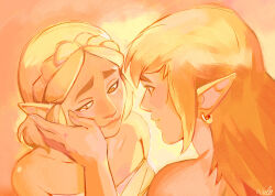 Rule 34 | 1boy, 1girl, bare shoulders, braid, breasts, commentary, earrings, english commentary, hand on another&#039;s cheek, hand on another&#039;s face, hetero, jewelry, link, long hair, nintendo, pointy ears, princess zelda, signature, small breasts, tearing up, tears, the legend of zelda, the legend of zelda: tears of the kingdom, thereinart, thick eyebrows