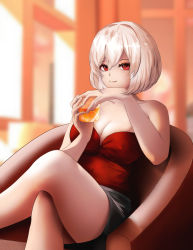 Rule 34 | 1girl, alternate costume, armchair, azur lane, bare shoulders, beefusteku, black skirt, blurry, blurry background, breasts, chair, cleavage, closed mouth, collarbone, commentary, crop top, crossed legs, cup, english commentary, feet out of frame, happy new year, highres, holding, holding cup, large breasts, lips, looking at viewer, new year, red eyes, red shirt, shirt, short hair, sirius (azur lane), sitting, skirt, smile, solo, thighs, white hair