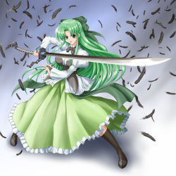 Rule 34 | 1girl, black feathers, breasts, feathers, fia (riviera), green eyes, green hair, half updo, highres, katana, large breasts, long hair, looking at viewer, matching hair/eyes, open mouth, raochuu, ribbon, riviera, solo, sword, very long hair, weapon
