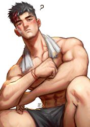 Rule 34 | 1boy, abs, arm hair, bara, bare shoulders, black hair, greenteaa, grey shorts, highres, male focus, mature male, multicolored hair, muscular, muscular male, original, red hair, short hair, shorts, sitting, solo, spiked hair, streaked hair, thick eyebrows, topless male, towel, towel around neck