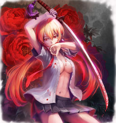 Rule 34 | 1girl, arm up, bad id, bad pixiv id, blood, blood on face, blood on clothes, bloody weapon, breasts, cleavage, cowboy shot, dress shirt, flower, holding, holding sword, holding weapon, iceojin, katana, long hair, looking at viewer, low twintails, navel, open clothes, orange hair, original, pleated skirt, red eyes, shirt, short sleeves, skirt, solo, sword, twintails, very long hair, weapon