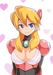 Rule 34 | 1girl, alia (mega man), android, blonde hair, blue eyes, blush, breasts, cleavage, cougar (cougar1404), headgear, large breasts, mega man (series), mega man x8, mega man x (series), smile, solo