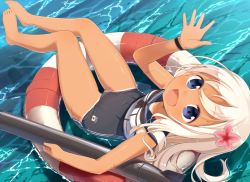 Rule 34 | 10s, 1girl, barefoot, blonde hair, blue eyes, crop top, feet, flower, hair flower, hair ornament, innertube, kantai collection, long hair, looking at viewer, muku (muku-coffee), one-piece swimsuit, open mouth, ro-500 (kancolle), school swimsuit, school uniform, serafuku, smile, solo, swim ring, swimsuit, swimsuit under clothes, tan, tanline, toes, torpedo, water