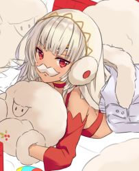 Rule 34 | 1girl, altera (fate), altera the santa (fate), bare shoulders, dark-skinned female, dark skin, detached sleeves, earmuffs, facial hair, fake facial hair, fake mustache, fate/grand order, fate (series), gloves, hitsukuya, jacket, looking at viewer, lying, mittens, mustache, open mouth, red eyes, sheep, short hair, solo, veil, white gloves, white hair, white jacket, white mittens