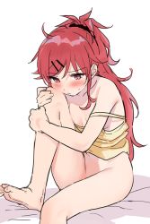 Rule 34 | 1girl, barefoot, blush, bottomless, breasts, camisole, chigusa asuha, feet, female focus, hair ornament, hairclip, long hair, messy hair, on bed, ponytail, qualidea code, red eyes, red hair, sekiya asami, simple background, sitting, small breasts, soles, solo, strap slip, toes, white background
