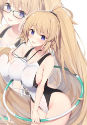 Rule 34 | 1girl, black-framed eyewear, blonde hair, blush, breasts, competition swimsuit, covered erect nipples, unworn eyewear, fate (series), glasses, groin, highres, holding, holding removed eyewear, hoop, hula hoop, jeanne d&#039;arc (fate), jeanne d&#039;arc (ruler) (fate), jeanne d&#039;arc (swimsuit archer) (fate), jeanne d&#039;arc (swimsuit archer) (second ascension) (fate), large breasts, long hair, looking at viewer, miko (royal milk), multiple views, one-piece swimsuit, open mouth, sidelocks, skindentation, smile, swimsuit, very long hair, whistle