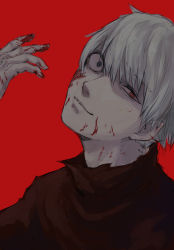 Rule 34 | 1boy, blood, blood on face, blood on hands, blue eyes, brown shirt, closed mouth, crazy eyes, grey hair, half-closed eye, head tilt, heterochromia, highres, kaneki ken, looking at viewer, male focus, portrait, red background, red eyes, shirt, short hair, simple background, smile, solo, tokyo ghoul, tomato (akait0mat0)