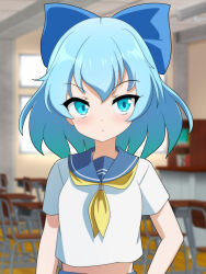 Rule 34 | 1girl, blue bow, blue eyes, blue hair, blue sailor collar, blue skirt, blush, bow, breasts, cato (monocatienus), chair, cirno, commentary request, desk, expressionless, hair bow, highres, indoors, looking at viewer, midriff, neckerchief, sailor collar, school, school desk, school uniform, shirt, short hair, short sleeves, skirt, small breasts, solo, touhou, upper body, white shirt, yellow neckerchief
