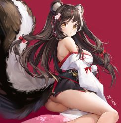 Rule 34 | 1girl, animal ears, ass, azur lane, bare shoulders, black hair, black skirt, breasts, cannian dada, chinese commentary, commentary, hair ornament, highres, japanese clothes, large breasts, long hair, long sleeves, looking at viewer, looking back, miniskirt, multicolored hair, naganami (azur lane), no panties, off shoulder, pom pom (clothes), red background, revision, simple background, sitting, skirt, skunk ears, skunk tail, solo, streaked hair, tail, white hair, yellow eyes, yokozuwari