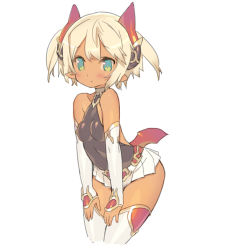Rule 34 | 1girl, bare shoulders, blade (galaxist), blonde hair, blush, cropped legs, dark-skinned female, dark skin, detached sleeves, green eyes, hair ornament, hands on own thighs, hands on thighs, leaning forward, looking at viewer, pointy ears, short hair, simple background, sketch, solo, tan, thighhighs, white background, white thighhighs