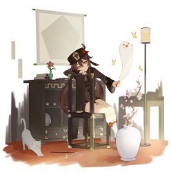 Rule 34 | 1girl, absurdres, arm rest, black hat, black nails, black shorts, branch, brown coat, brown hair, bug, butterfly, cat, cat stretch, chair, cherry blossoms, coat, flower, full body, genshin impact, ghost, hair between eyes, hat, hat flower, head rest, highres, hu tao (genshin impact), insect, kneehighs, lamp, long hair, looking at another, nail polish, plate, shelf, short shorts, shorts, shu minn, sitting, socks, solo, stretching, symbol-shaped pupils, twintails, vase, white background, white socks
