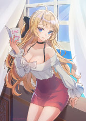 Rule 34 | 1girl, absurdres, ahoge, artemia (king&#039;s raid), artist name, blonde hair, blue eyes, bow, breasts, chibi vanille, choker, cleavage, collarbone, curtains, day, hair bow, halterneck, hand up, high-waist skirt, highres, holding, indoors, king&#039;s raid, large breasts, long hair, long sleeves, looking at viewer, miniskirt, off-shoulder shirt, off shoulder, parted lips, pencil skirt, pink skirt, shirt, skirt, smile, solo, thighs, very long hair, white bow, white shirt, window