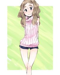 Rule 34 | 1girl, arms behind back, bare legs, blue eyes, blush, brown hair, chibikko (morihito), eyebrows, long hair, morihito, original, short shorts, shorts, sleeveless, sleeveless turtleneck, solo, sweater, thick eyebrows, thigh gap, thighs, turtleneck