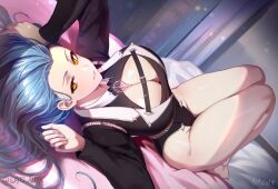 Rule 34 | 1girl, absurdres, aiguillette, bare legs, black jacket, black leotard, blue hair, breasts, chest strap, cleavage, cleavage cutout, clothing cutout, curvy, dated, gad the god, hand up, highres, indie virtual youtuber, jacket, large breasts, leotard, long hair, lying, milkie (vtuber), mole, mole under eye, on back, on bed, parted lips, solo, twitter username, wide hips, yellow eyes