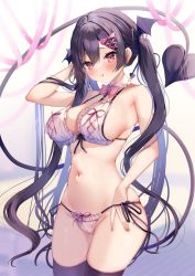 Rule 34 | 1girl, :q, ayuma sayu, bare arms, bare shoulders, bikini, black hair, black thighhighs, bow, bowtie, breasts, cleavage, cowboy shot, demon girl, demon tail, detached collar, frilled bikini, frills, front-tie bikini top, front-tie top, hair ornament, hairclip, halterneck, hand up, highres, large breasts, long hair, looking at viewer, navel, original, red eyes, side-tie bikini bottom, sideboob, smile, solo, standing, stomach, string bikini, swimsuit, tail, thighhighs, thighs, tongue, tongue out, twintails, very long hair, white bikini