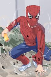 Rule 34 | 1boy, balaclava, blurry, blurry background, bodysuit, cosplay, feng mouren, full body, hand on floor, highres, holding, long sleeves, looking at viewer, marvel, original, shoes, solo, spider-man, spider-man (series), squatting, wall, wind