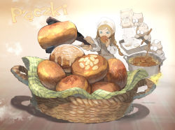 Rule 34 | 1girl, artist name, basket, blonde hair, braid, braided ponytail, bread, bright pupils, chef, chef hat, commentary request, cooking, cooking pot, creature, demizu posuka, food, foreshortening, green eyes, hat, holding, holding food, holding tongs, long hair, object request, original, oversized food, oversized object, sesame seeds, solo, tongs, white pupils