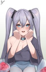 Rule 34 | 1girl, absurdres, azur lane, blue eyes, blue shorts, blush, breasts, cleavage, food, fourtwelve, grey hair, hair between eyes, hands on own cheeks, hands on own face, heart, heart-shaped pupils, highres, intrepid (azur lane), large breasts, long hair, looking at viewer, mole, mole on breast, off shoulder, open mouth, shaved ice, short shorts, shorts, signature, sitting, solo, symbol-shaped pupils, twintails, two side up, wide sleeves