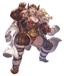Rule 34 | &gt;:(, 1other, beard, blonde hair, boat, cleavage cutout, clothing cutout, coat, d:, draph, facial hair, gender request, gloves, granblue fantasy, granblue fantasy versus, green eyes, horns, ladiva, long hair, male focus, mask, minaba hideo, mustache, official art, open mouth, pectorals, red gloves, red shirt, shirt, teeth, watercraft, white background, white coat, wrestling outfit