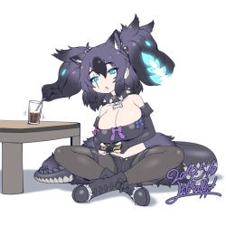 Rule 34 | 1girl, :o, animal ear fluff, animal ears, bare shoulders, belt bra, black gloves, black hair, black pantyhose, black shorts, blackfoxes, blue eyes, boots, bow, breasts, cerberus (kemono friends), cleavage, cola, collar, crossed legs, cup, cutoffs, dated, dog ears, drinking, drinking glass, drinking straw, elbow gloves, eyes visible through hair, fongjlf, full body, gloves, glowing, hair between eyes, japari symbol, jewelry, kemono friends, large breasts, leaning to the side, pantyhose under shorts, midriff, nintendo switch, open fly, open mouth, pantyhose, pendant, prehensile hair, scar, scar across eye, scar on face, short shorts, shorts, signature, simple background, sitting, solo, spiked collar, spikes, table, tail, thigh strap, twintails, white background, yoshida hideyuki