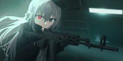 Rule 34 | 1girl, absurdres, ak-12, assault rifle, beret, black bow, black gloves, black hat, black jacket, blurry, blurry background, bow, braid, chihuri, closed mouth, commentary request, depth of field, eve (chihuri), finger on trigger, floating hair, gloves, grey eyes, grey hair, grey shirt, gun, hair between eyes, hair bow, hat, heterochromia, highres, holding, holding gun, holding weapon, indoors, jacket, kalashnikov rifle, long hair, long sleeves, open clothes, open jacket, original, red eyes, rifle, shirt, solo, upper body, very long hair, weapon