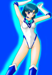 Rule 34 | 1990s (style), 1girl, bishoujo senshi sailor moon, blue background, blue eyes, blue hair, blush, breasts, cameltoe, covered erect nipples, covered navel, looking at viewer, matching hair/eyes, medium breasts, medium hair, mizuno ami, red103, retro artstyle, sailor mercury, simple background, smile, solo, standing