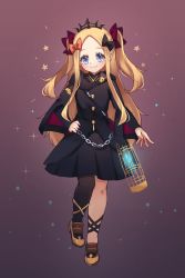 Rule 34 | 1girl, abigail williams (fate), birdcage, black bow, black dress, black thighhighs, blonde hair, blue eyes, blush, bow, breasts, cage, chain, cosplay, dress, ereshkigal (fate), ereshkigal (fate) (cosplay), ereshkigal (third ascension) (fate), fate/grand order, fate (series), forehead, full body, hair bow, hair ribbon, highres, long hair, long sleeves, looking at viewer, miya (miyaruta), multiple bows, orange bow, parted bangs, ribbon, single thighhigh, skull, small breasts, smile, solo, thighhighs, tiara
