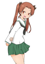 Rule 34 | 1girl, arm behind back, arms behind back, bow, brown eyes, brown hair, female focus, girls und panzer, hair bow, kadotani anzu, long hair, looking at viewer, miniskirt, ngc20701, ooarai school uniform, open mouth, school uniform, simple background, skirt, solo, standing, twintails, white background