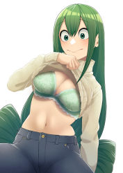 Rule 34 | 1girl, absurdres, asui tsuyu, boku no hero academia, bow-shaped hair, bra, breasts, closed mouth, clothes lift, commentary request, denim, green bra, green eyes, green hair, hair rings, hand up, highres, jeans, kobaji, lifting own clothes, long hair, long sleeves, looking at viewer, low tied hair, medium breasts, midriff, navel, pants, shirt lift, smile, solo, sweater, tareme, turtleneck, turtleneck sweater, underwear, very long hair